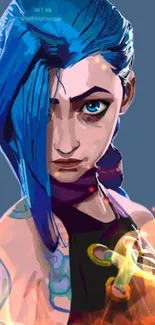 Anime character with blue hair and colorful background in vibrant design.