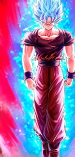 Dynamic anime character with vibrant red and blue energy aura.