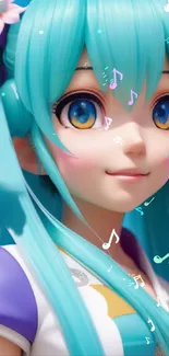 Aqua-haired anime character with music notes in vibrant design.