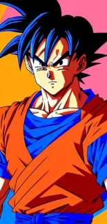 Vibrant anime character with orange outfit and colorful background.