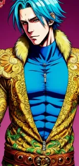 Vibrant anime character with golden jacket and blue outfit on a purple background.