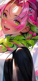 Vibrant anime character with pink hair and bright colors.