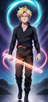 Anime character with glowing swords and rings in vibrant scene.