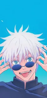 Anime character with white hair, blue sky, and playful expression.