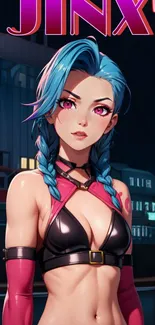 Anime girl with blue hair and vibrant attire in a cityscape setting.