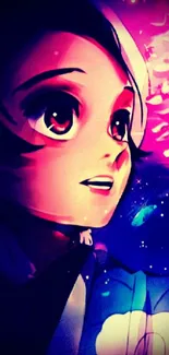 Anime character gazing into a vibrant galaxy with bold, dreamy colors.