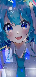 Anime character with blue hair and stars on vibrant wallpaper.