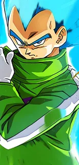 Vibrant anime character in green with blue background mobile wallpaper.