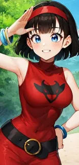 Anime character with short hair in a red outfit, vibrant background.