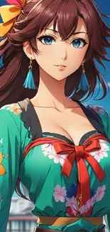 Anime character in vibrant floral dress with turquoise and red accents.