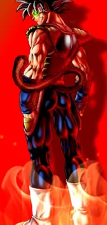 Vibrant anime character standing against a bold red background.