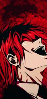 Vibrant anime character with red hair and intense expression on wallpaper.