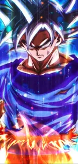 Anime character with vibrant blue energy aura