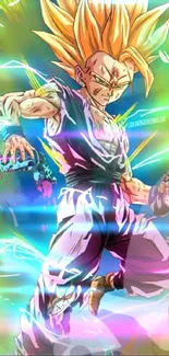 Vibrant anime character with dynamic energy bursts and vivid colors.