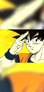 Anime character in dynamic pose with vibrant yellow background.