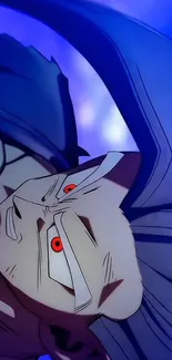 Anime character with intense red eyes and vibrant blue background.