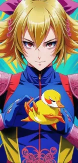 Anime character holding duck in vibrant colors, perfect for mobile wallpaper.