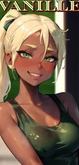 Anime girl in green top with blond hair and smiling expression.