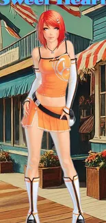 Vibrant anime character with red hair in an orange outfit on a colorful street background.