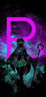 Anime character silhouette with purple cosmic background.