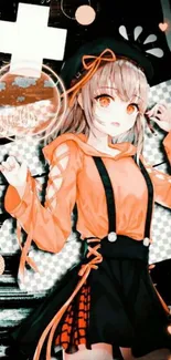 Anime character in orange outfit with artistic style on mobile wallpaper.