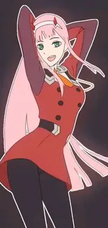 Anime character with pink hair in a vibrant red outfit.