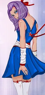 Anime girl with purple hair and blue dress on a mobile wallpaper.