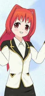 Anime character with red hair, wearing a black and white suit with blue background.