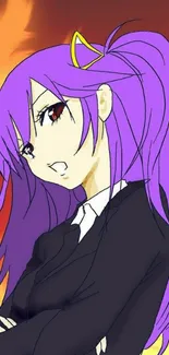 Anime character with purple hair and fiery background.