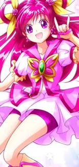 Vibrant anime character with pink hair and dress, striking a joyful pose.