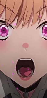 Anime character with bright pink eyes expressing surprise.