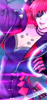 Anime character with vibrant red hair and purple jacket in dynamic pose.