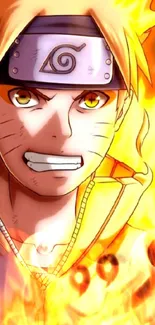 Dynamic anime character with fiery aura in vibrant colors.