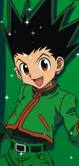 Cheerful anime character with green suit and vibrant background.