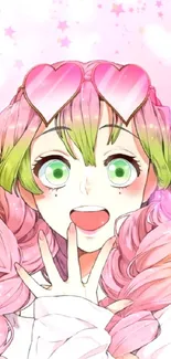 Cute anime character with pink hair and green eyes in pastel colors.