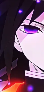 Close-up of a vibrant anime character with intense purple eyes.