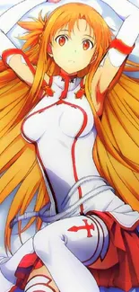 Anime character with vibrant orange hair and dynamic pose on a mobile wallpaper.