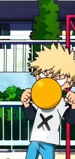 Anime character blowing orange bubble gum in a vibrant outdoor setting.