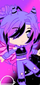 Anime-styled character with purple, pink background.