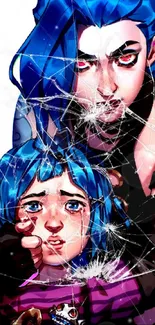 Vibrant anime wallpaper with blue-haired characters in an emotional scene.