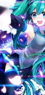 Anime character with cyan hair and vibrant colors on mobile wallpaper.