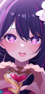 Anime character with heart-shaped hands and colorful eyes.