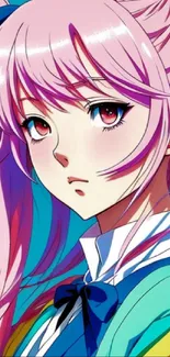 Anime character with pink hair and a vibrant blue background.