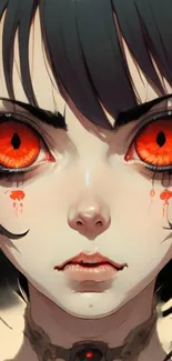 Anime character with striking red eyes and dark hair in vivid digital art style.