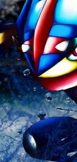 Vibrant anime character with blue and red colors, splashing water background.