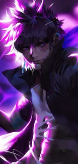 Dynamic anime character with vibrant purple lighting.