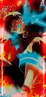 Anime character with fiery red and blue background, vibrant mobile wallpaper.