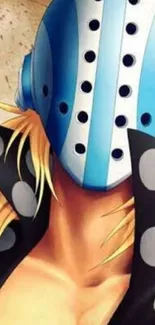 Anime character with a blue mask and stylized design on wallpaper.