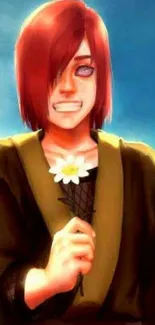 Red-haired anime character with a daisy.