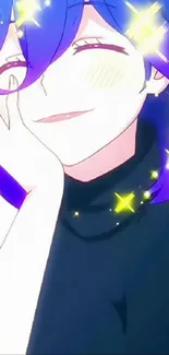 Anime character with purple hair smiles joyfully with sparkling stars.